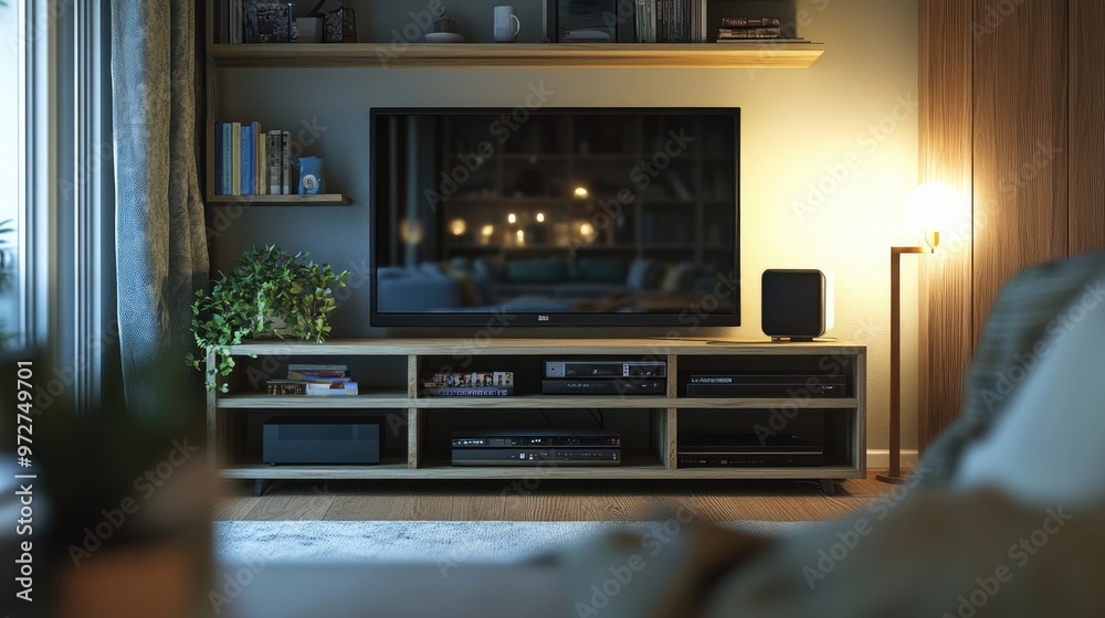 A compact entertainment unit with shelves for a small living space A compact entertainment unit with shelves for a small living space