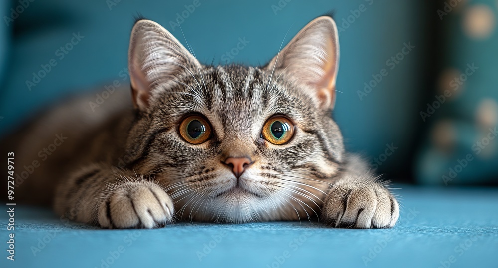 Grey Tabby Cat Relaxing on Blue Background in Studio Shot - AI generated illustration Grey Tabby Cat Relaxing on Blue Background in Studio Shot - AI generated illustration