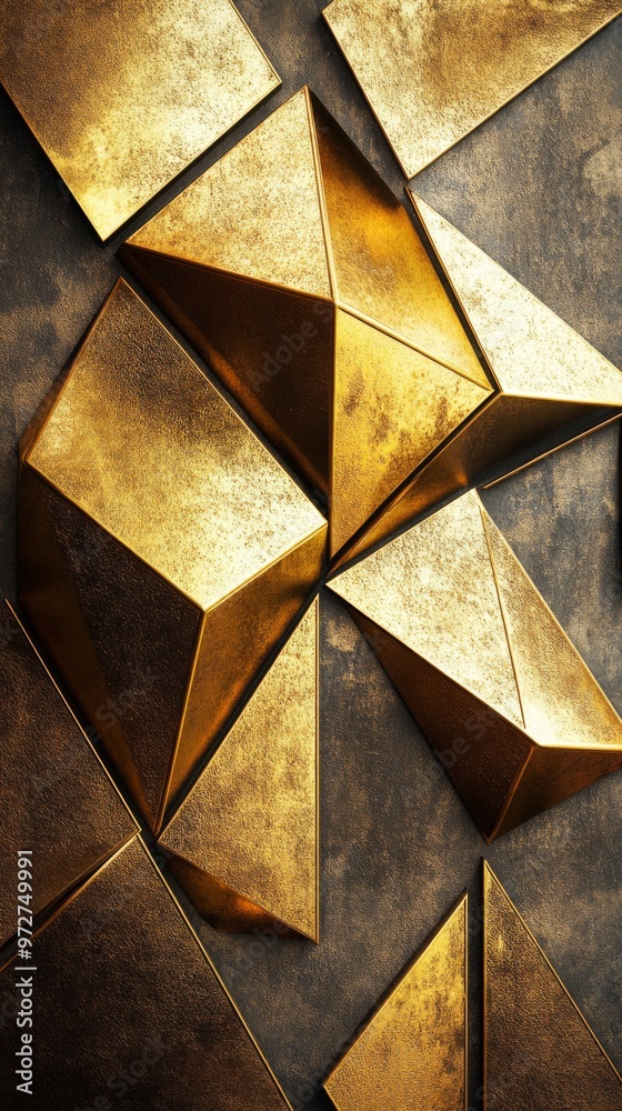 Abstract geometric design featuring golden triangular shapes interspersed with dark elements in a modern art setting Abstract geometric design featuring golden triangular shapes interspersed with dark elements in a modern art setting