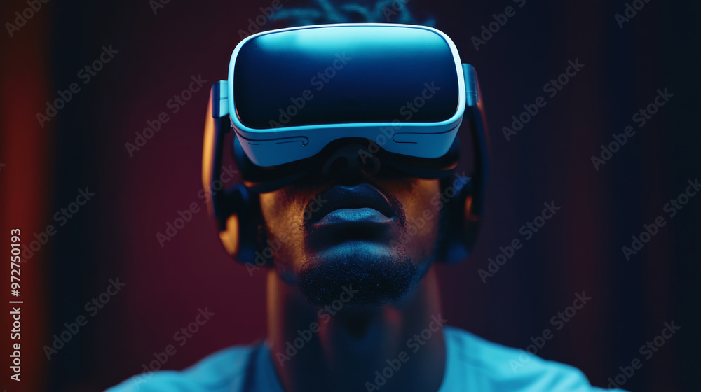 man using vr glasses in dark room man using vr glasses in dark room