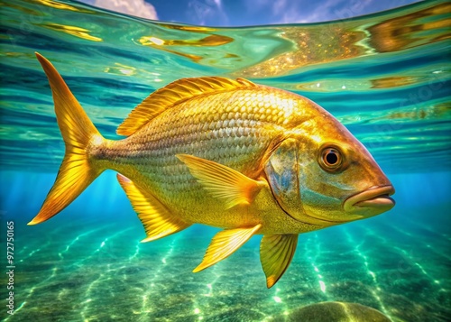 Vibrant golden royal dorado fish swimming in the clear turquoise waters of the ocean, its iridescent scales shimmering photo