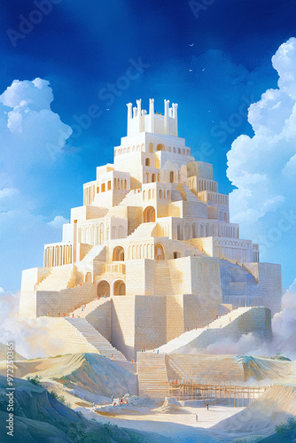 religious watercolor illustration of the Tower of Babel under construction photo