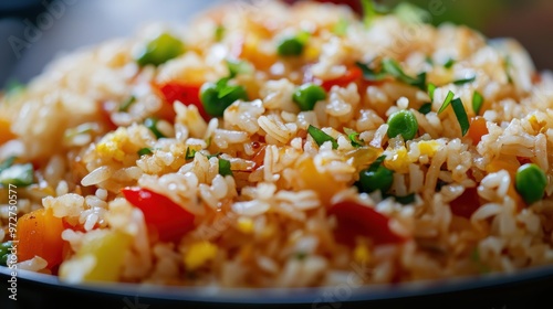 Colorful vegetable fried rice featuring peas, bell peppers, and chopped herbs served in a bowl