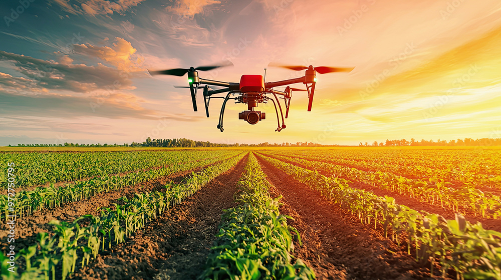 Drone for agriculture, monitoring soil hydration, yield problems, sending data to smart farmer on tablet, advanced technology, vibrant field Drone for agriculture, monitoring soil hydration, yield problems, sending data to smart farmer on tablet, advanced technology, vibrant field
