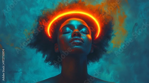 An artistic and visually striking image featuring a person with a glowing neon halo around their head against a vibrant and surreal background of blues and greens.