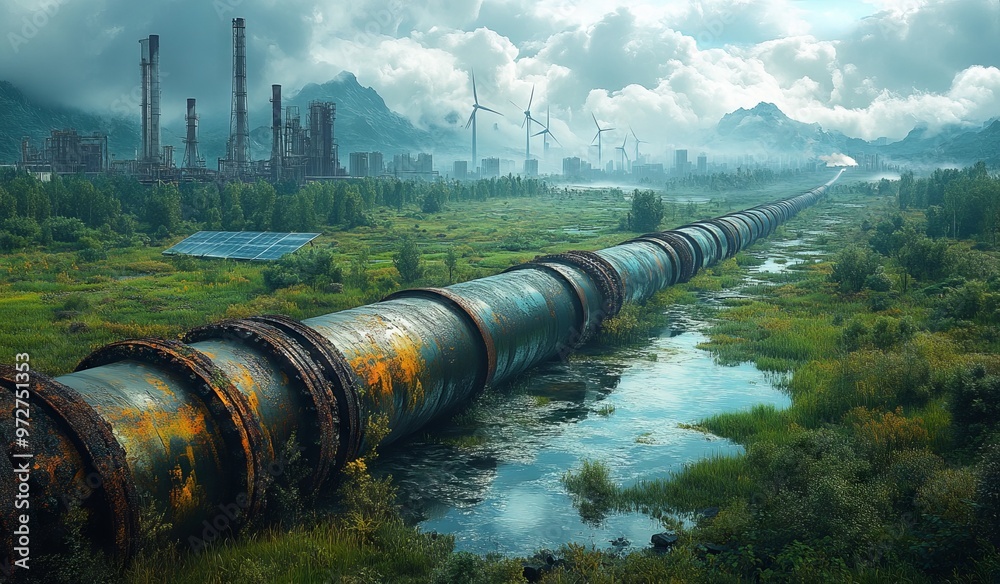 Oil Pipe with Wind Turbines, Solar Panels, and Green Fields in Advertisement for Virtual Reality Camera - AI generated illustration Oil Pipe with Wind Turbines, Solar Panels, and Green Fields in Advertisement for Virtual Reality Camera - AI generated illustration