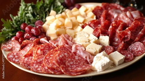 Delicious charcuterie board featuring assorted meats, cheeses, fresh grapes, and leafy greens.