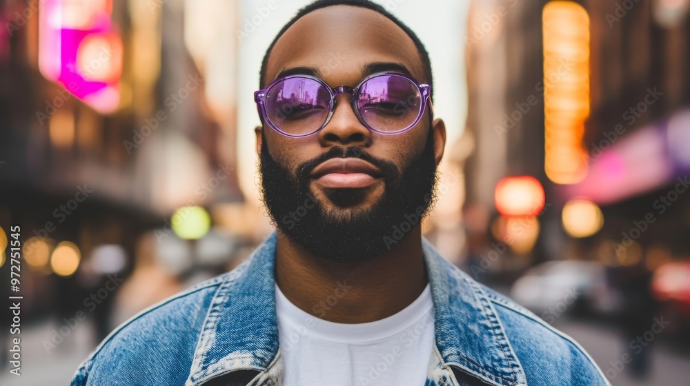 In a bold purple jacket, a black adult man with a beard stands outdoors on a city street wearing colorful glasses and vivid fashion clothes, Stock Photography. In a bold purple jacket, a black adult man with a beard stands outdoors on a city street wearing colorful glasses and vivid fashion clothes, Stock Photography.
