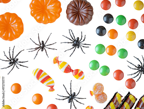 A colorful assortment of Halloween candies and decor, featuring spooky spiders and vibrant sweets perfect for festive celebrations. photo