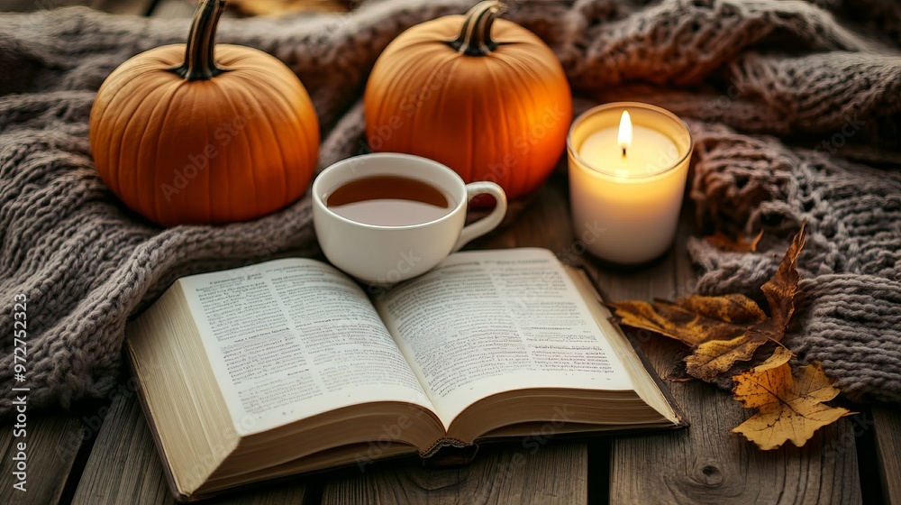 Cozy warm autumn composition with cup of hot tea, burning candle, open book and pumpkins on wooden background. Autumn home decor. Fall mood Cozy warm autumn composition with cup of hot tea, burning candle, open book and pumpkins on wooden background. Autumn home decor. Fall mood