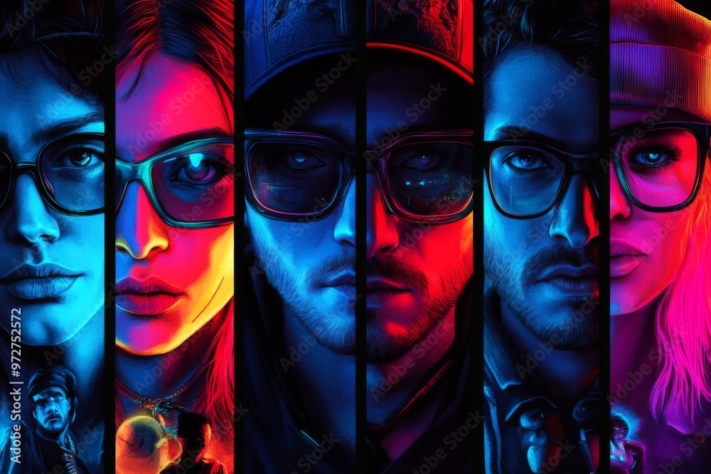 Obraz premium This collection of colorful cartoon illustrations features colorful faces