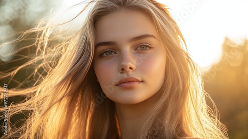 Young woman with long blonde hair glowing in the golden sunlight, outdoors.