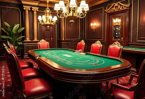 Luxurious Private Casino Room with BlackJack Table, Red Chairs, Gold Chandelier, and Ornate Design