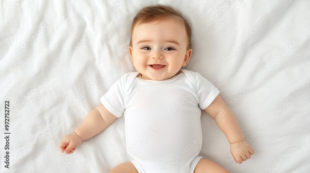 Smiling baby in white onesie mockup lying on white bed Smiling baby in white onesie mockup lying on white bed