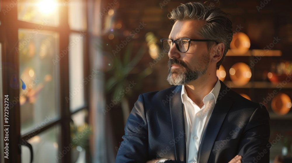 A thoughtful man in a stylish suit looks out a sunlit window in a cozy modern interior during late afternoon A thoughtful man in a stylish suit looks out a sunlit window in a cozy modern interior during late afternoon