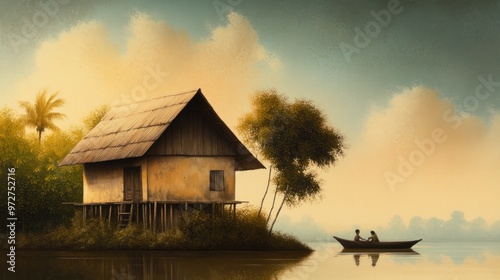 Serene Harmony: A Thai Family’s Tranquil Life in a Traditional Wooden Home Bathed in Golden Sunset Light photo