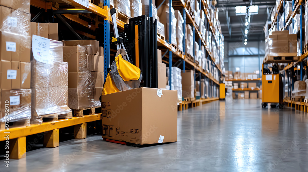 A spacious warehouse interior with stacked boxes and an empty aisle, showcasing efficient storage and logistics management. A spacious warehouse interior with stacked boxes and an empty aisle, showcasing efficient storage and logistics management.