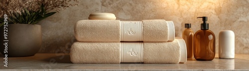Soft towels arranged elegantly with skincare products in a serene bathroom setting, perfect for relaxation and self-care.