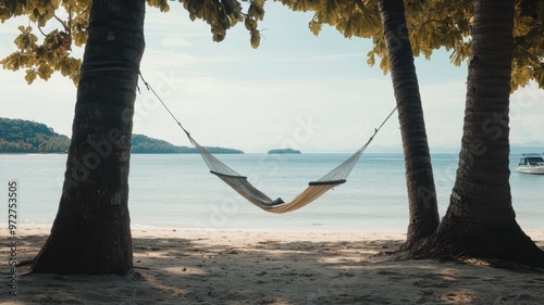 Serene Tropical Beach with Hammock Between Palm Trees Overlooking Calm Ocean Waters