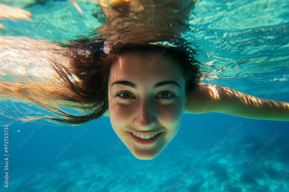 Underwater image of a Caucasian brunette in a white dress, summer lifestyle, a summer beach scene Underwater image of a Caucasian brunette in a white dress, summer lifestyle, a summer beach scene
