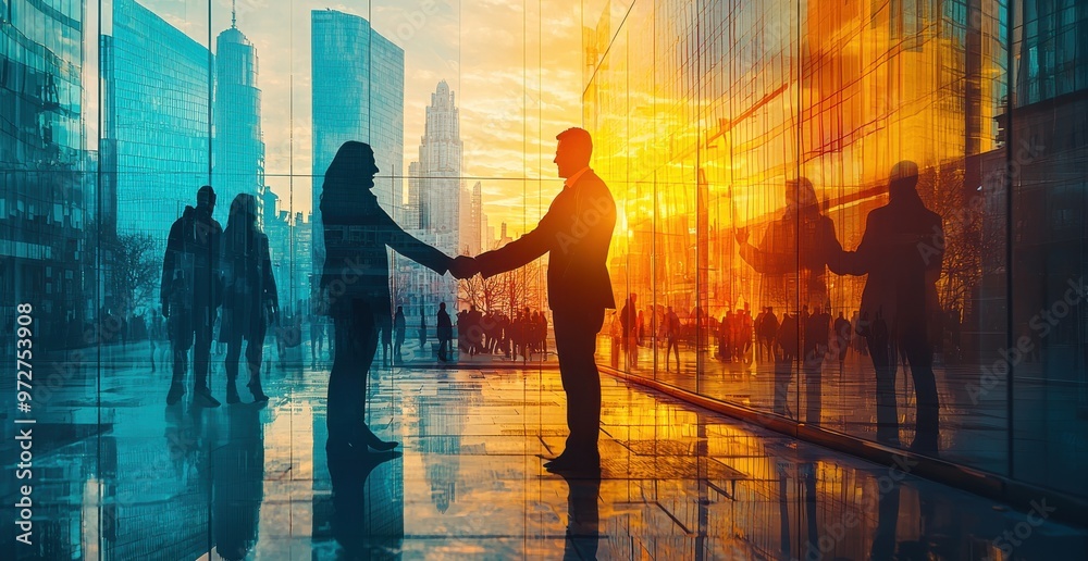 Double exposure of business professionals shaking hands in modern cityscape during sunset, reflecting partnership and urban life Double exposure of business professionals shaking hands in modern cityscape during sunset, reflecting partnership and urban life