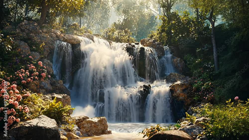 A stunning waterfall cascading through lush greenery in a tranquil forest setting during golden hour A stunning waterfall cascading through lush greenery in a tranquil forest setting during golden hour