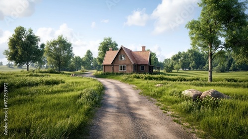 Rustic Countryside Landscape with Vintage Farmhouse and Winding Dirt Road, Serene Nature Scenery, Picturesque Rural Setting, Vintage Charm, Country Life, Idyllic Landscape Photography