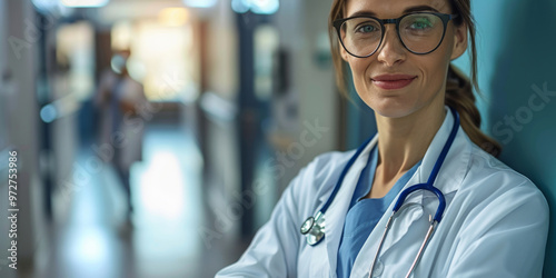 Confident medical professional in a hospital corridor during the day providing care and support to patients