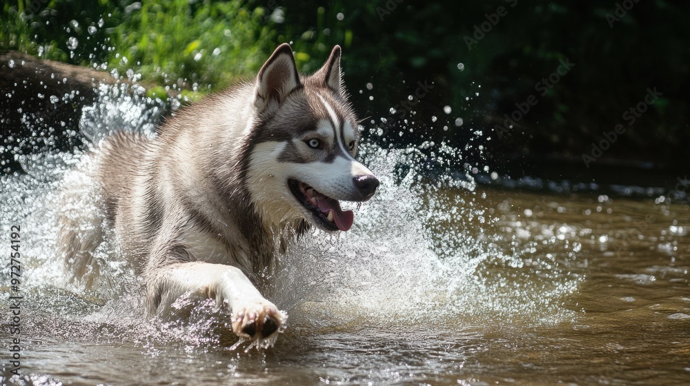 A Siberian Husky playing in a shallow stream, splashing water around as it cools off on a summer day A Siberian Husky playing in a shallow stream, splashing water around as it cools off on a summer day