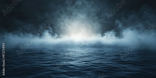 Dark ocean mist covering still water with moody atmospheric fog, creating a mysterious and surreal blue horizon in the distance, evoking feelings of solitude and tranquility
