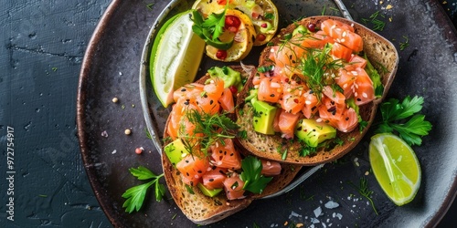 Delicious salmon and avocado tartare accompanied by crispy toast with room for additional text.