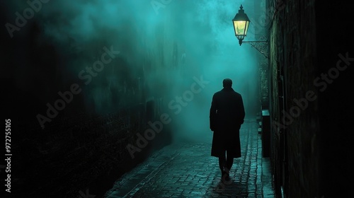 Mysterious Man Walking Through Foggy Alley at Night.