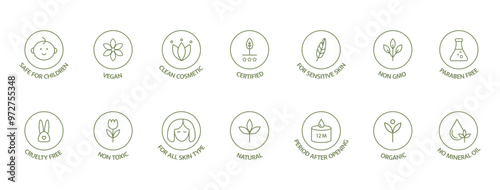 Organic cosmetic line icon big set. Natural product badges. Clean cosmetic, safe for children, hypoallergenic, non toxic. GMO free emblems. Vegan, bio food. Vector illustration