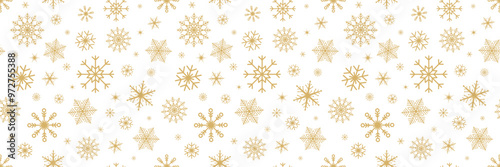 Golden snowflakes on white banner. Snowflake Christmas background. Happy Holiday card. Hello winter border. Color snowfall frame. Flying confetti. Celebration design. Vector illustration