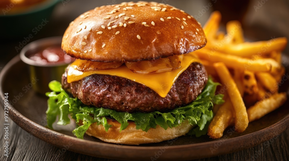Close-up of a beef tenderloin burger topped with cheese, lettuce, and served with golden crispy fries on a rustic plate Close-up of a beef tenderloin burger topped with cheese, lettuce, and served with golden crispy fries on a rustic plate