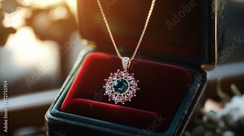 Stunning jewelry pendant in a luxurious gift box, highlighted by warm sunlight. Perfect for showcasing elegance and beauty. photo