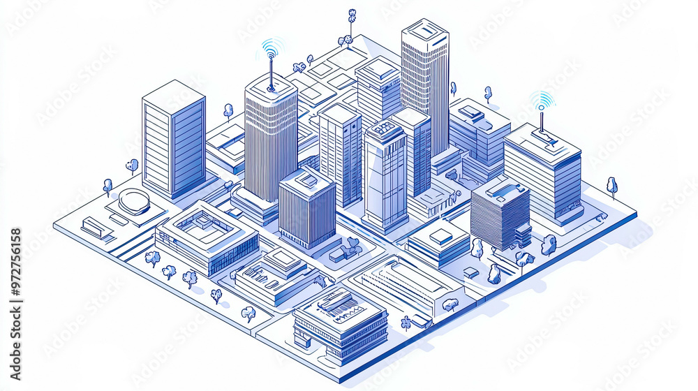 Isometric outline illustration, smart city, sleek structures, connected tech, modern urban planning Isometric outline illustration, smart city, sleek structures, connected tech, modern urban planning