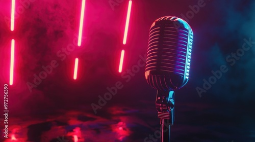 Vintage Microphone In Neon Lights