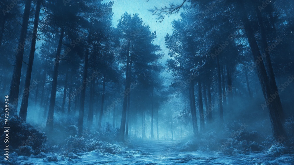 Naklejka premium Winter snowy park. Trees in the snow, a frozen river, snowdrifts and ice. Fantasy winter landscape. Frosty sunset. 3D illustration.