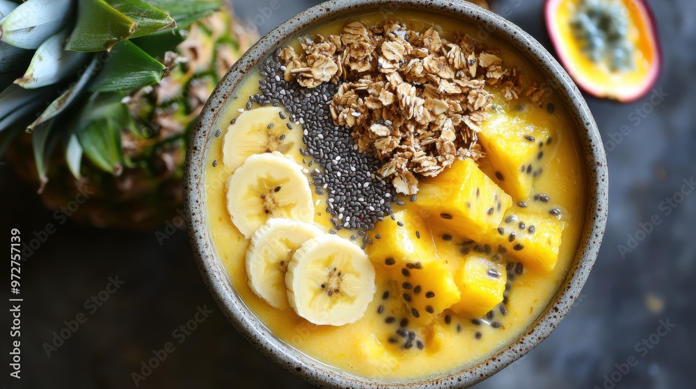 A tropical fruit smoothie bowl with passion fruit, pineapple, and banana, topped with A tropical fruit smoothie bowl with passion fruit, pineapple, and banana, topped with