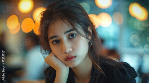 A young woman with a contemplative expression sitting at a café during the evening surrounded by warm bokeh lights