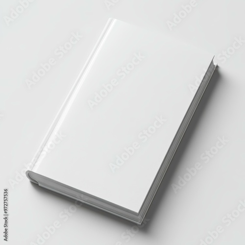 A blank white hardcover book lies partially open on a flat surface, ideal for mockups, cover designs, and branding presentations,