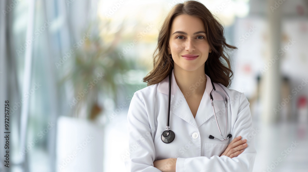 Confident doctor with stethoscope standing in a hospital setting. Confident doctor with stethoscope standing in a hospital setting.