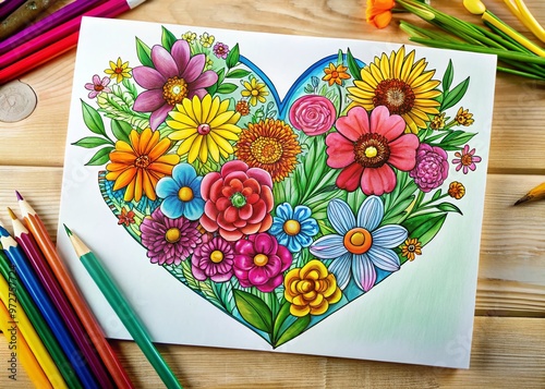 Vibrant, hand-drawn floral bouquet and heart-filled design adorns a bright, blank coloring card, perfect for creative photo