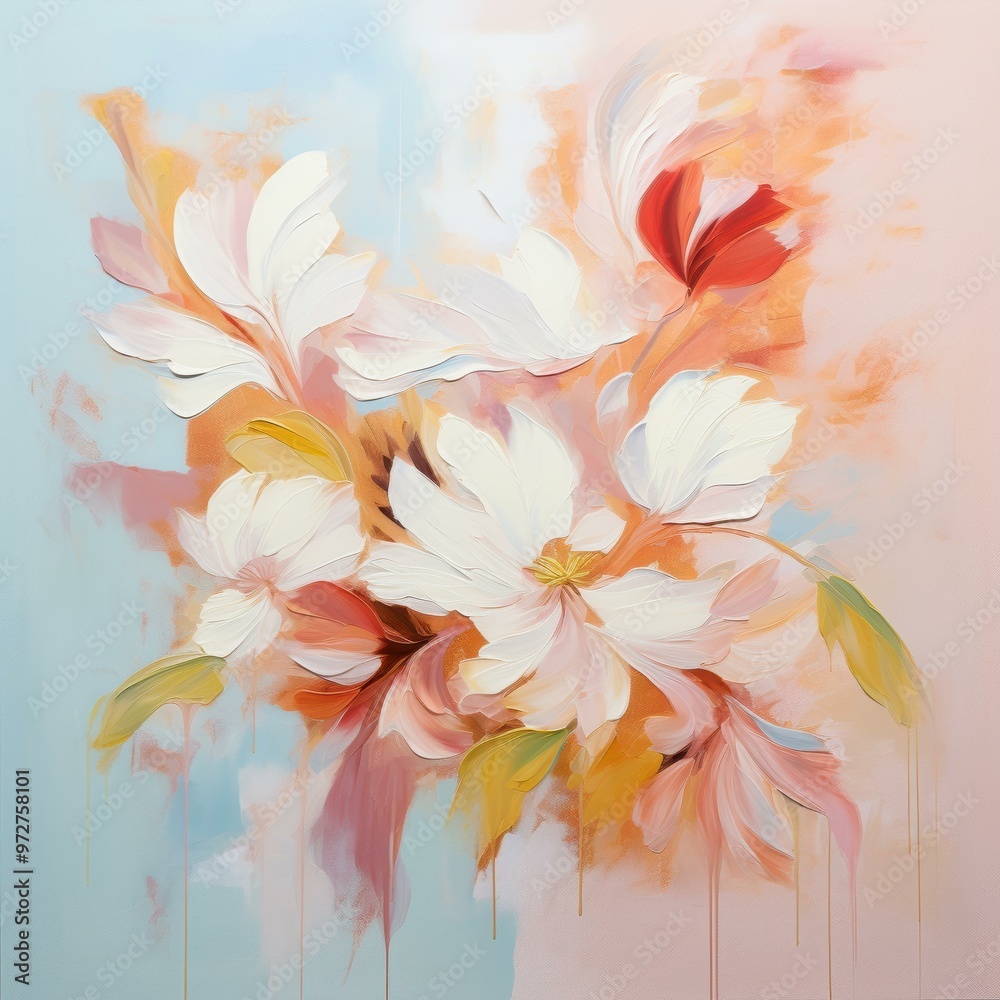 Vibrant painting of abstract flowers with pastel hues, ideal for wall art decor, advertisements, and greeting cards, evoking spring and creativity, Vibrant painting of abstract flowers with pastel hues, ideal for wall art decor, advertisements, and greeting cards, evoking spring and creativity,