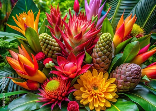 Vibrant heliconia, protea, and ginger blooms in a lush, tropical arrangement, filling the frame with exotic colors, photo