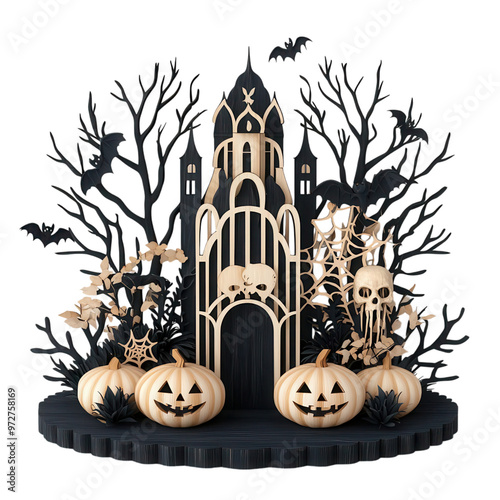 3D Halloween wooden decor, Haunting Halloween scene featuring carved pumpkins, spooky castle, and decorative bats, perfect for festive celebrations. Isolated set on PNGs transparent background photo