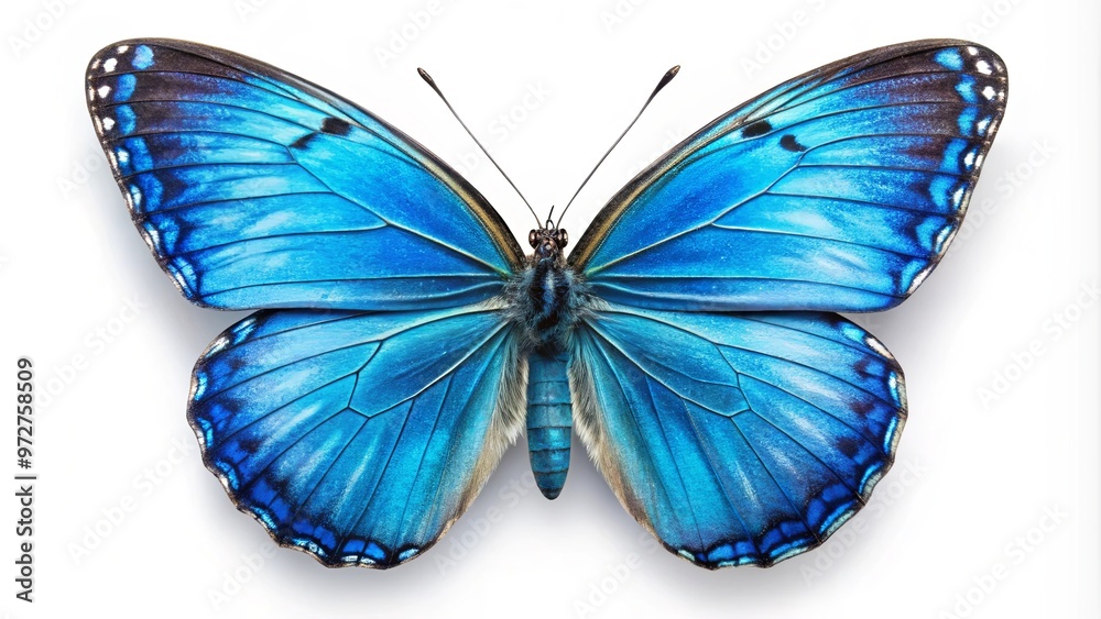 Vibrant blue butterfly with delicate wings spread wide against a white background Vibrant blue butterfly with delicate wings spread wide against a white background