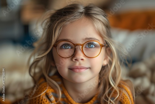  Child girl in glasses at home. 