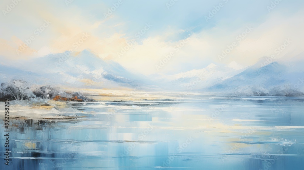 Fototapeta premium A serene landscape painting showcases a tranquil lake surrounded by distant snow-capped mountains and soft pastel sky, ideal for themes related to peace, nature, or meditation,